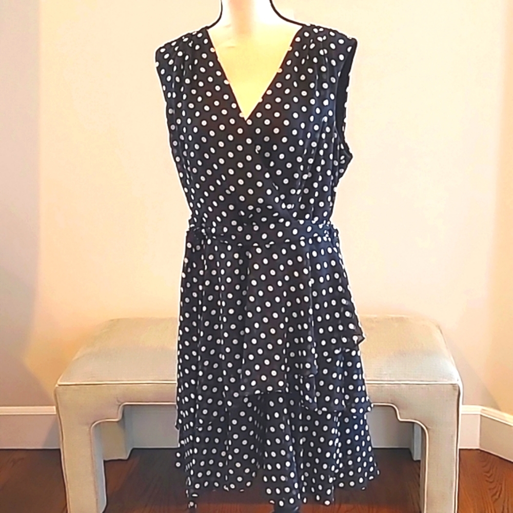 Tahari sleeveless faux wrap polka dot dress